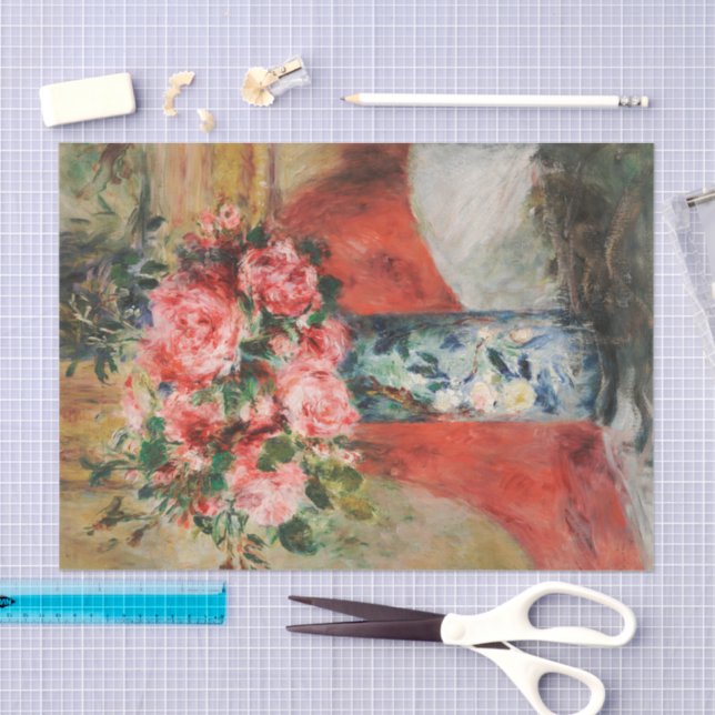 Papel De Seda Rosas e peônias em um vaso | Renoir (Arte )