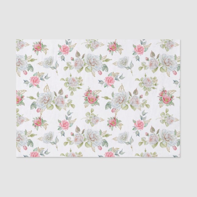 Papel De Seda Rosas Elegantes com Folhas Douradas Gravadas (Frente )