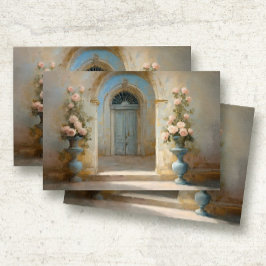 Papel De Seda Rosas Florais de Cor Azul-Rosa-Chateau Courtyard