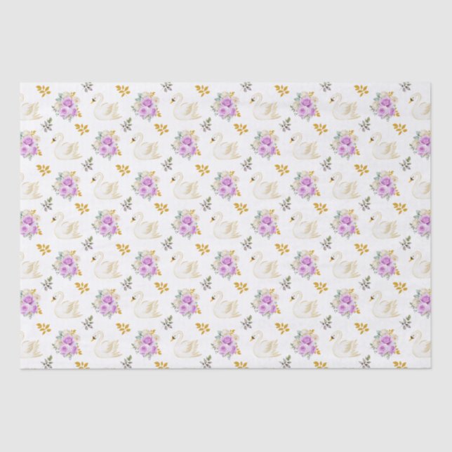 Papel De Seda Rosas Florais Roxas e Douradas do Cisne (Frente )
