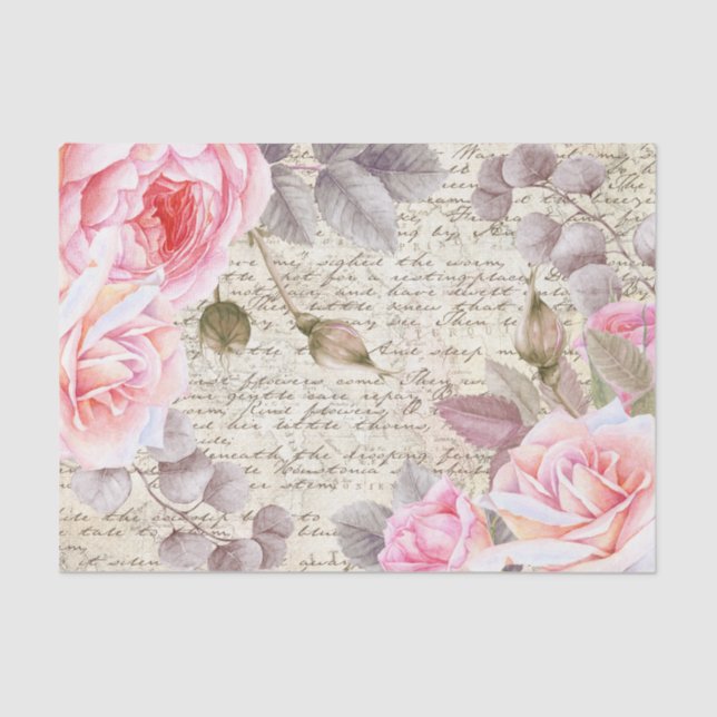 Papel De Seda Rosas Florais Vintage Blush - Letra Antiga Decoupa (Frente )