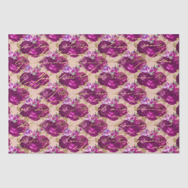 Papel De Seda Rosas magenta românticos com Escrevendo Dourado em (Frente )