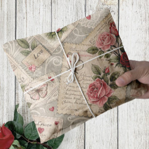 Papel De Seda Rosas Românticos de Vintagem Letras Desacoplamento