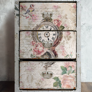 Papel De Seda Rosas Românticos Franceses, Decoupage de Clock & F