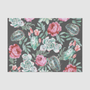 Papel De Seda Rosas rosa e padrão de cactus bem sucedido em pret