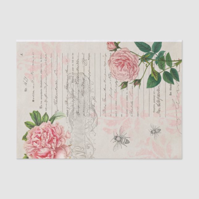 Papel De Seda Rosas rosa e Script no Papel-Bolo (Frente )