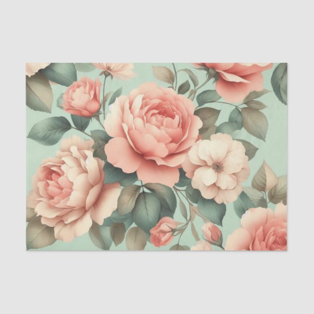 Papel De Seda Rosas Rosa Esbranquiçadas - Coluna Verde (Frente )