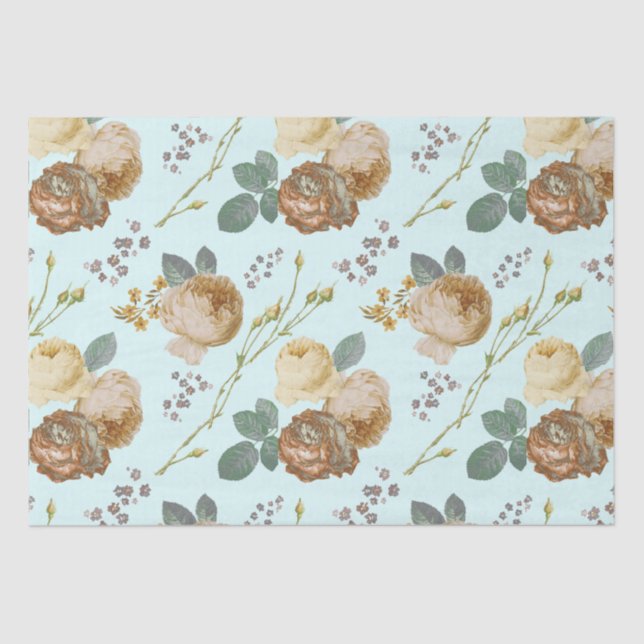 Papel De Seda Rosas Rosa-Gema Elegantes Floral em Azul Claro (Frente )