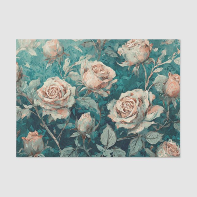 Papel De Seda Rosas Rosa no Teal (Frente )