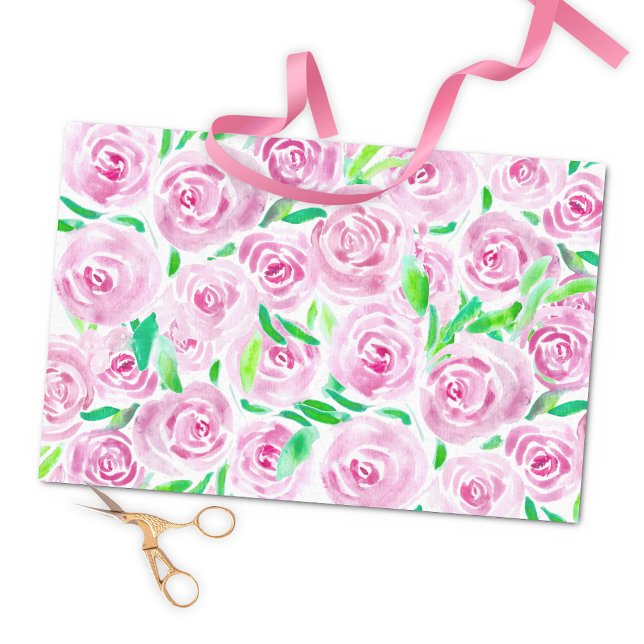 Papel De Seda Rosas Rosa Românticas com Cores Aquáticas com Folh (Criador carregado)