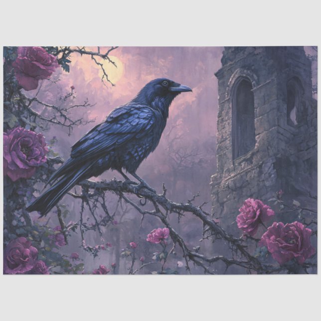 Papel De Seda Rosas Roxas Decoupage de Corvo Gótico (Frente )