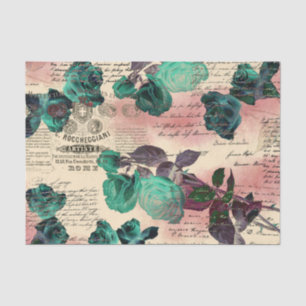 Papel De Seda Rosas Teais Vintage Script Blush Ephemera Tiss Ros