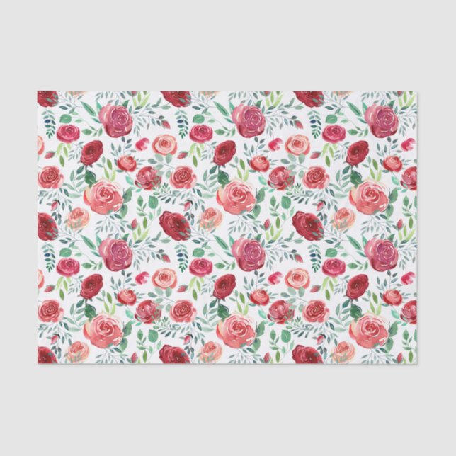 Papel De Seda Rosas vermelhas de Aquarela Moderna Padrão (Frente )