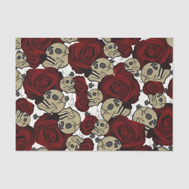 Papel De Seda Rosas vermelhas e crânios Preto Branco Floral Pret (Frente )