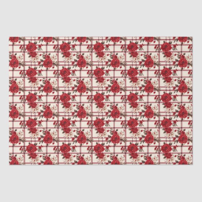 Papel De Seda Rosas vermelhas xadrezes de flores brancas (Frente )