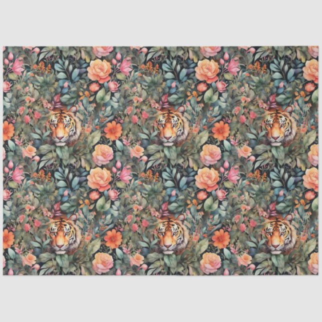 Papel De Seda Rosas vibrantes e selva de tigres (Frente )