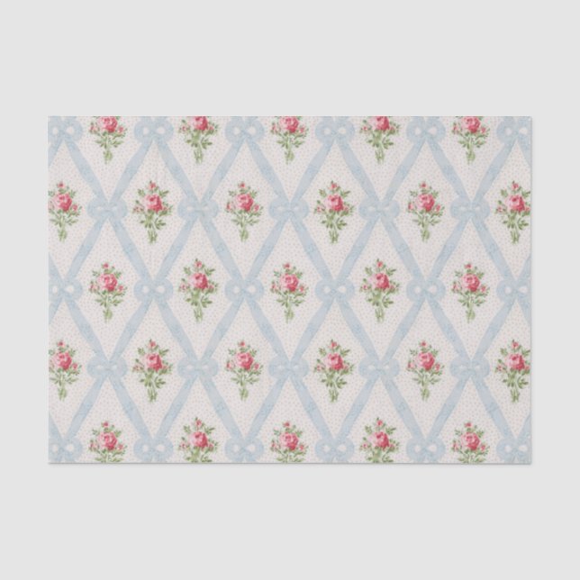 Papel De Seda Rosas Victorianas cor-de-rosa com Fita Azul (Frente )