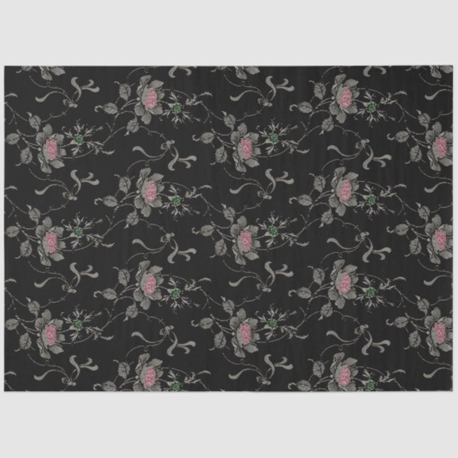 Papel De Seda Rosas Victorianas Elegantes em Fundo Negro (Frente )