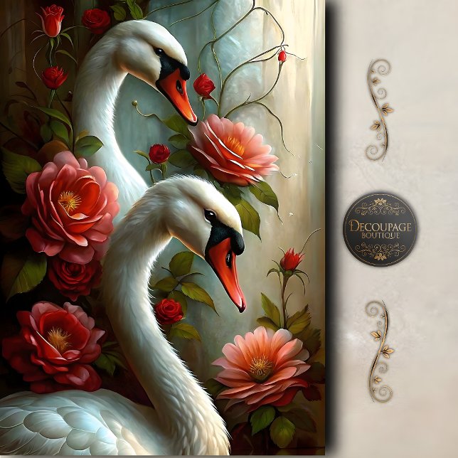 Papel De Seda Roses Decoupage Romântico de Cisnes (Romantic Swan Roses Decoupage Tissue Paper)