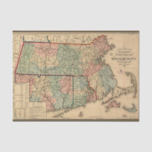 Papel De Seda Roteiro Ferroviário de Massachusetts, 1879 Decoup