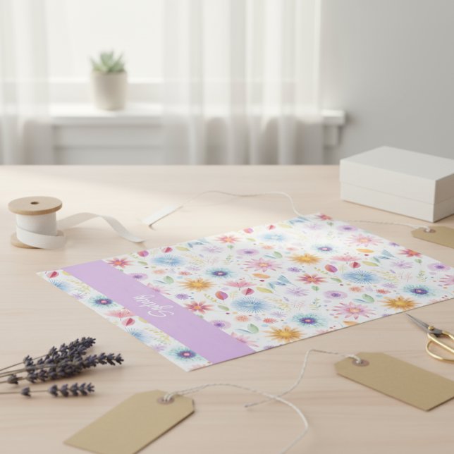 Papel De Seda Roxo Azul Rosa Boho Flor de Campo Personalizado  (Criador carregado)