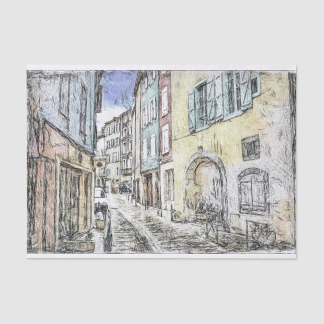 Papel De Seda Rua Riviera Francesa Edifícios esboço Decoupage (Frente )