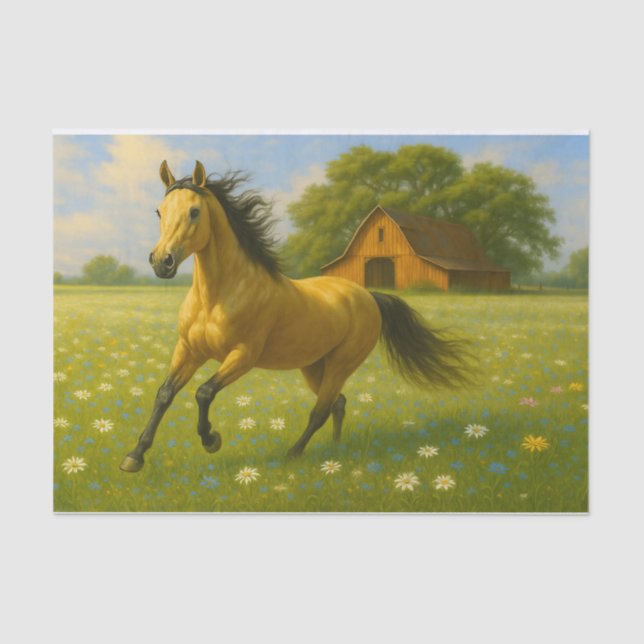 Papel De Seda Running Horse in Barnyard Pasture Decoupage Paper (Frente )