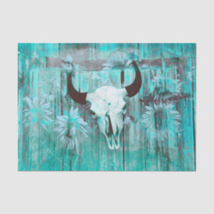 Papel De Seda Russo Western Bull Crânio Teal Boho Sunflower