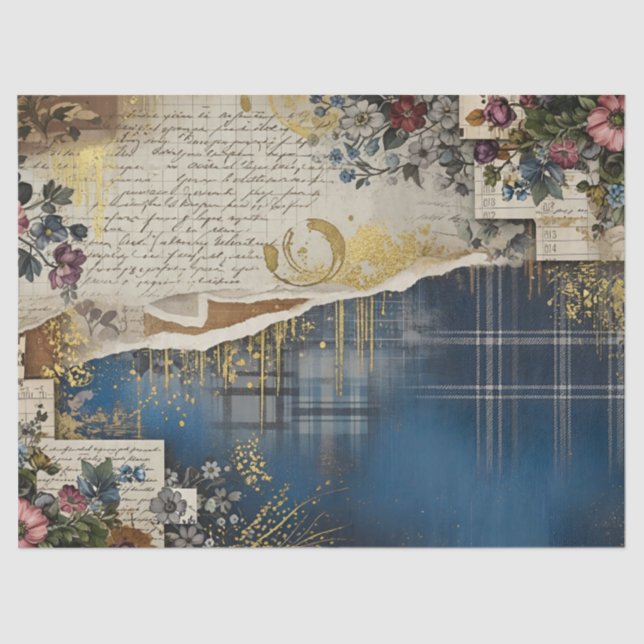 Papel De Seda Rustic Blue Denim Ephemera Floral Decoupage Print (Frente )