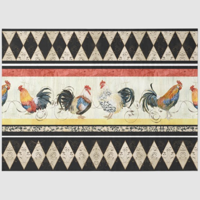 Papel De Seda Rustic Country Roosters Harlequin Black e Tan (Frente )