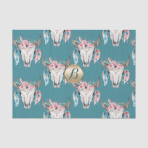 Papel De Seda Rustic Floral Skull Boho Monograma Personalizado
