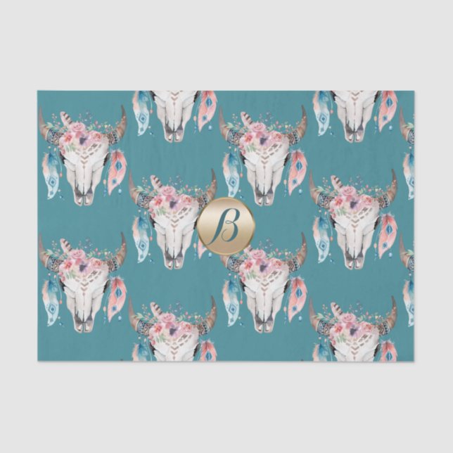 Papel De Seda Rustic Floral Skull Boho Monograma Personalizado (Frente )