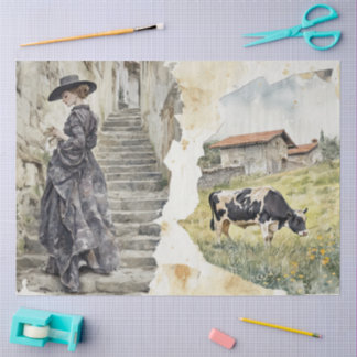 Papel De Seda Rustic Girl on Stone Steps Cow Pasture Watercolor