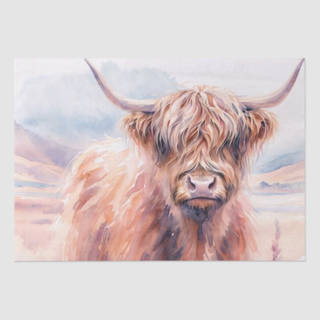 Papel De Seda Rustic Highland Cow – Watercolor Landscape (Frente )