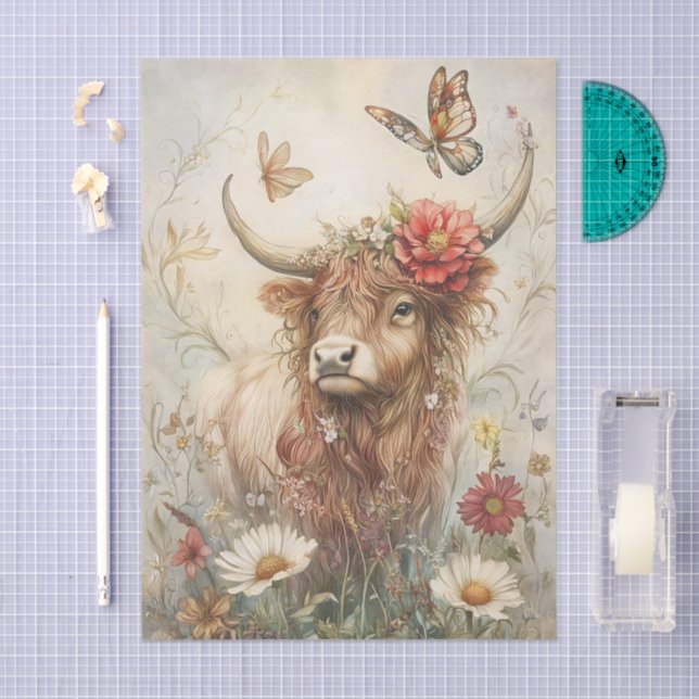 Papel De Seda Rustic Highland Cow With Butterfly Decoupage (Arte )
