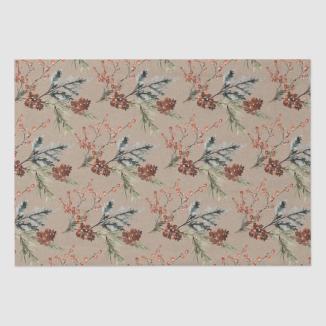Papel De Seda Rustic Kraft Juniper Pine Cones Ilex Berries (Frente )