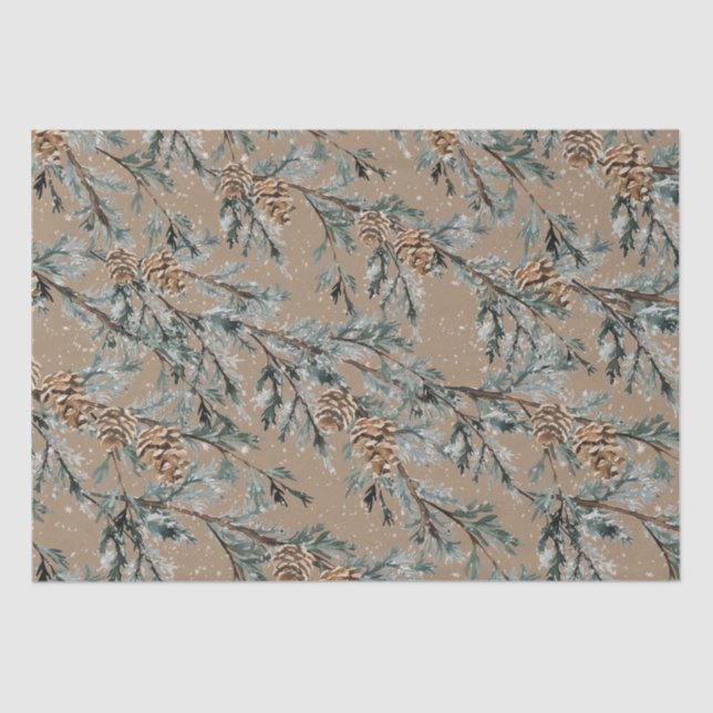 Papel De Seda Rustic Kraft Snowy Blue Juniper Branches & Cones (Frente )