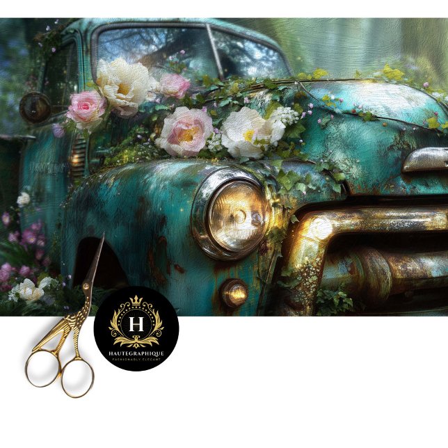 Papel De Seda Rustic Teal Rose Truck Decoupage (Criador carregado)