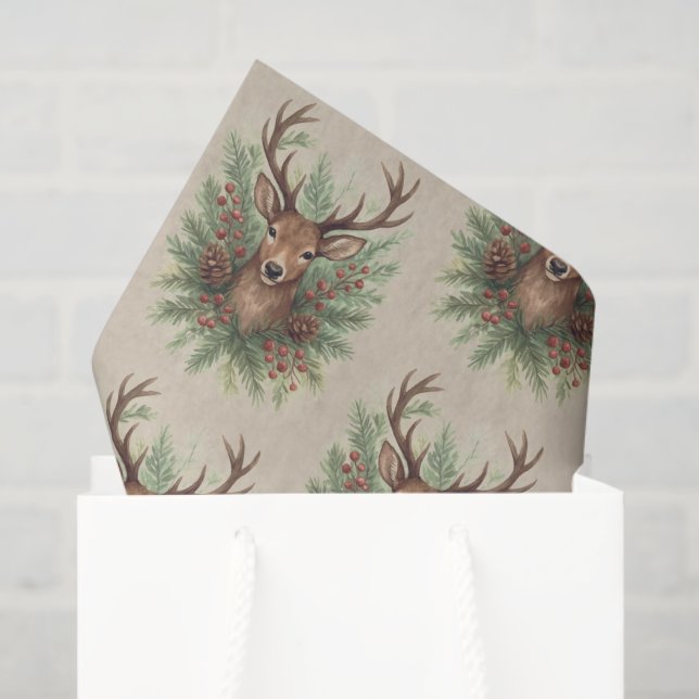 Papel De Seda Rustic Woodland Deer Head with Winter Foliage -  (Sacola de presentes)