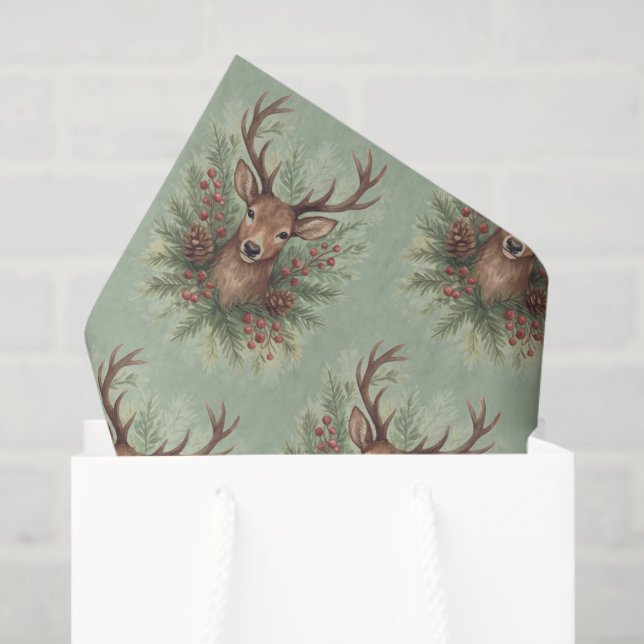 Papel De Seda Rustic Woodland Deer Head with Winter Foliage -  (Sacola de presentes)