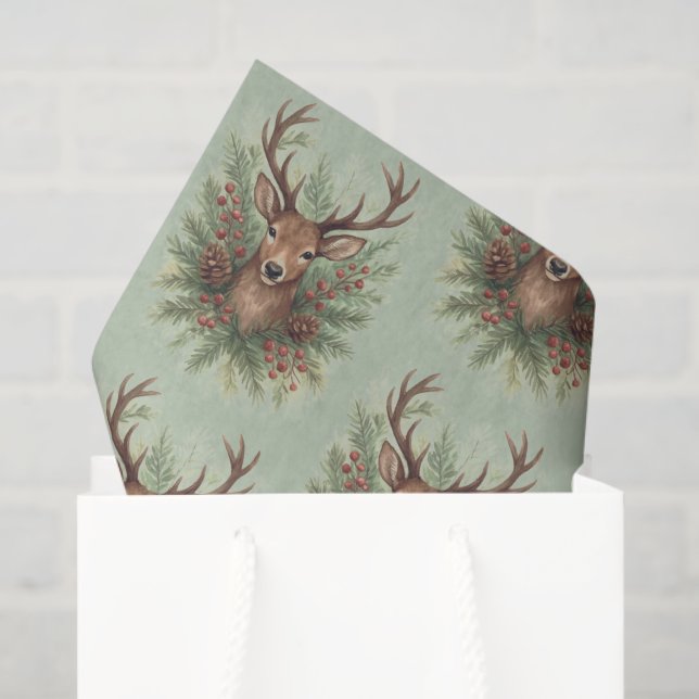 Papel De Seda Rustic Woodland Deer Head with Winter Foliage -  (Sacola de presentes)