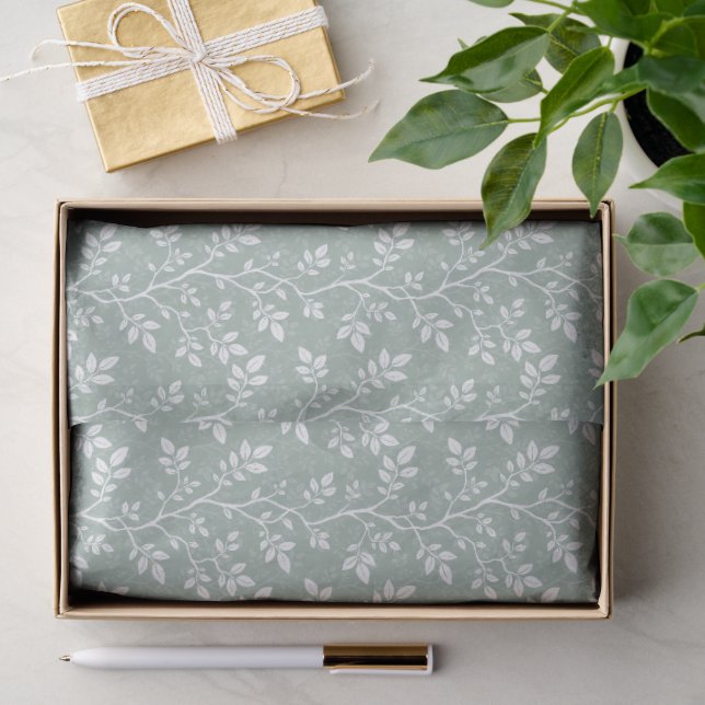 Papel De Seda Sage Verde Ramos e Folhas Botânicos Tecidos (Presente)