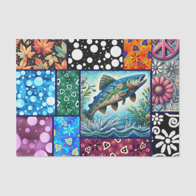 Papel De Seda Salmon Crazy Quilt Floral Whimsical Decoupage (Frente )