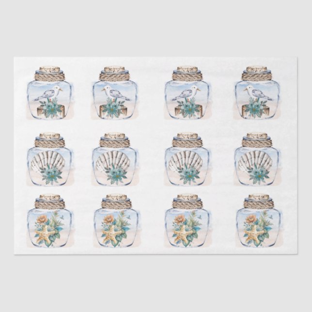 Papel De Seda Sandpipers Flowers Shells Jar Decoupage Paper (Frente )