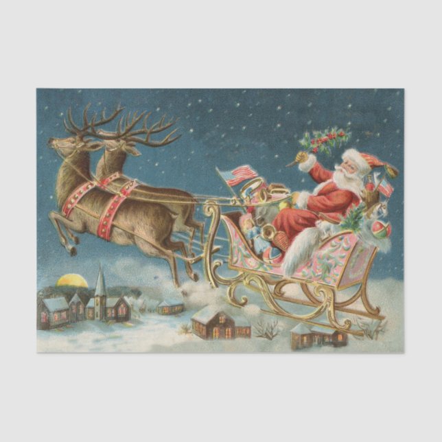 Papel De Seda Santa Claus Christmas Antique Sleigh Reindeer (Frente )