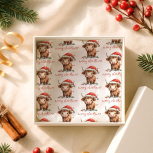 Papel De Seda Santa Hat Highland Cow Script Feliz Natal