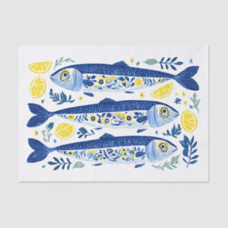 Papel De Seda Sardinhas Azuis e Amarelas de Verão Mediterrâneo