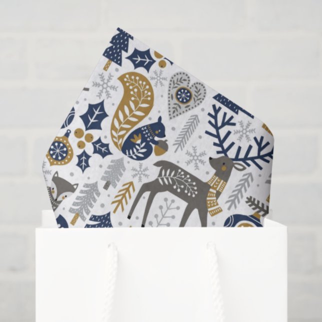 Papel De Seda Scandinavian Woodland Animals Snowflakes Christmas (Sacola de presentes)