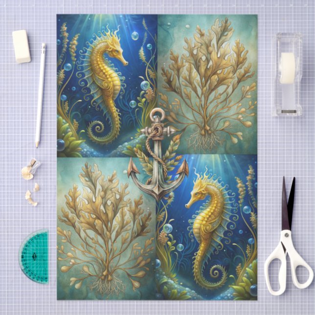 Papel De Seda Scenic Ocean Seaweed, Seahorses & Anchor Decoupage (Arte )