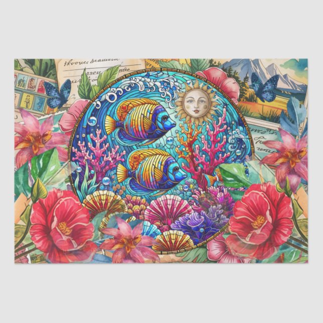Papel De Seda Scenic Tropical Stained Glass Fish Decoupage (Frente )